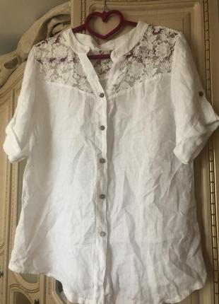 Красивенькая белая льняная блузка рубашка, рубаха натуральный шёлк с кружевом2 фото