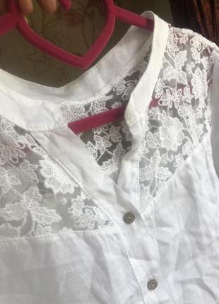 Красивенькая белая льняная блузка рубашка, рубаха натуральный шёлк с кружевом10 фото