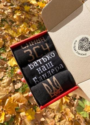 Набір чоловічих високих шкарпеток 40-45 3 пари в подарунковій коробці в оригінальному патріотичному стилі км4 фото