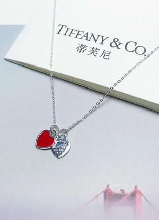 Серебряное ожерелье mini double heart tag pendant tiffany co red8 фото