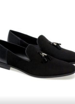 Черные кожаные туфли лоферы black tag by zara man 43 размера1 фото