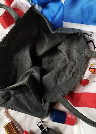 Мила маленька вінтажна тканинна сумка шоппер з гаманцем carlo, жатка, болотний хакі2 фото
