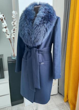 Зимове вовняне утеплене синє пальто з натуральним хутром туреччина2 фото