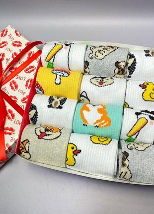 Подарочный набор носков женских длинных демисезонных с прикольными милыми рисунками 36-41 12 шт для девушек км