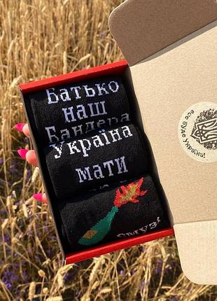 Набір чоловічих чорних однотонних шкарпеток 40-45 3 пари в подарунковому пакованні з патріотичними написами км