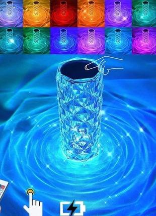Акумуляторна настільна лампа нічник з пультом crystal rose роза rgb 1w світильник сенсорний 16 кольорів