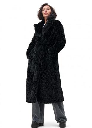 Шуба женская длинная, зимняя утепленная, эко мех - эко барашек, черная5 фото