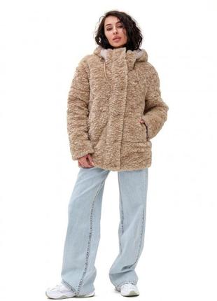 Пуховик женский удлиненный, с капюшоном, эко мех, куртка зимняя, капучино6 фото