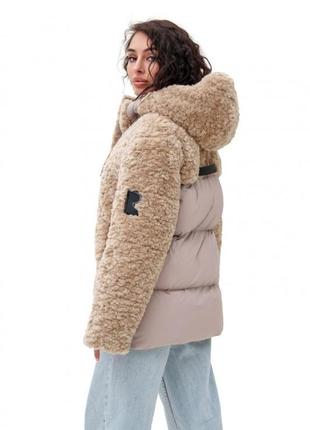 Пуховик женский удлиненный, с капюшоном, эко мех, куртка зимняя, капучино3 фото