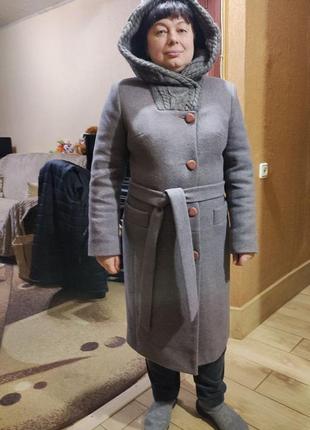 Женское зимнее теплое (до -5°с) длинное серое пальто с капюшоном, размер 50 xl7 фото