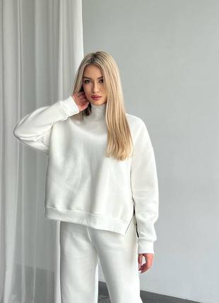 Спортивный костюм на флисе кофта свободного кроя с высоким воротником под горло гольф штаны прямые комплект теплый розовый синий белый3 фото