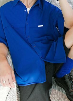 Синяя рубашка с коротким рукавом2 фото