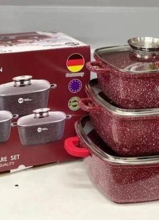 Набір квадратних каструль із гранітним покриттям на 8 предметів higher kitchen нк-302 (червоний, чорний)