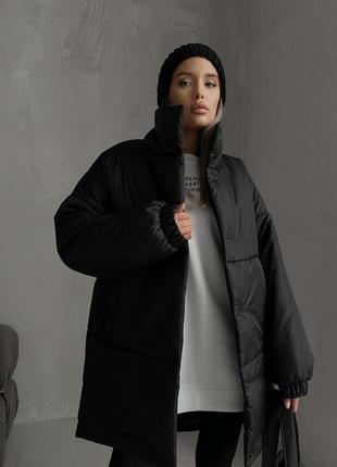 Куртка женская зимняя теплая оверсайз с карманами на кнопках качественная, базовая черная