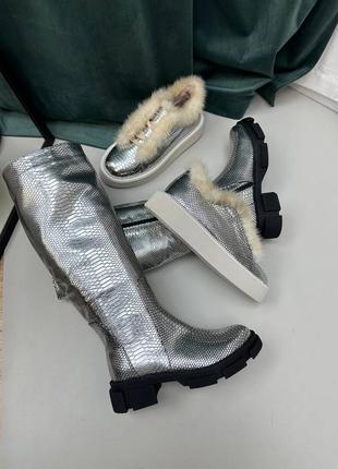 Екслюзивні чоботи з італійської шкіри жіночі під рептилію срібло4 фото