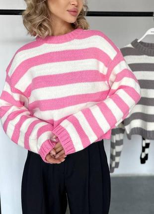 Стильний укорочений светрик у смужку 3 кольори свитер в полосочку розовый белый серый