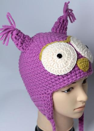 Тепла шапка сова для дівчинки5 фото