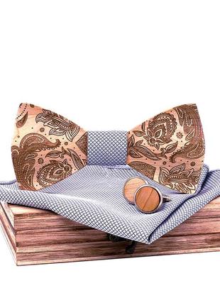 Стильный мужской деревяный набор запонки бабочка платок коробка