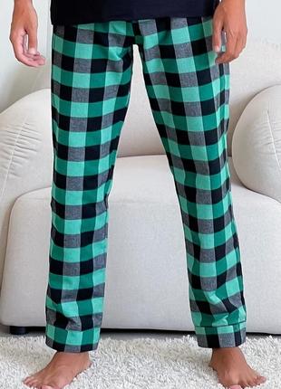 Домашня піжама для чоловіків cosy із фланелі (штани+лонгслів) зелено/чорний3 фото