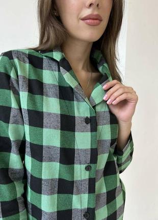 Домашня жіноча піжама cosy у клітинку зелено/чорна (сорочка+штани)6 фото