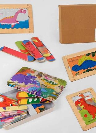 Деревянная игра c 47010 “динозавры”, 4 упаковки пазлов, рамка, в коробке1 фото