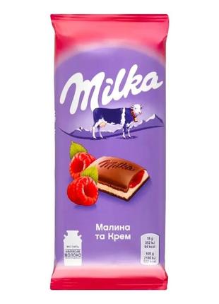 Шоколад молочний milka малина та крем, 90 г