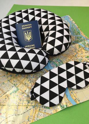 Комплект подушка для подорожей + маска для сну геометрія київ, набір для подорожі1 фото