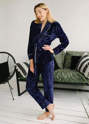 Женская пижама теплая велюровая с длинным рукавом. теплая пижама плюшевая, бархатная, р. s(синяя)