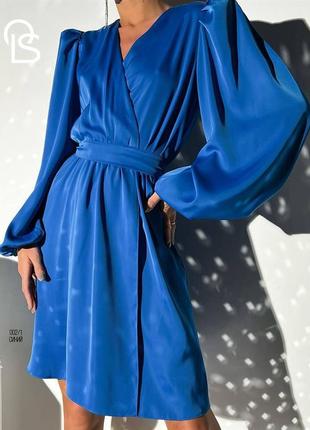 Шовкова сукня з об'ємними рукавами, красиве коротке плаття, легка сукня синя3 фото