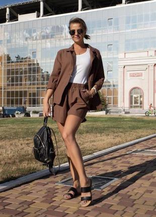 Льняной костюм тройка из натурального льна шорты рубашка майка льняний костюм льон шорти