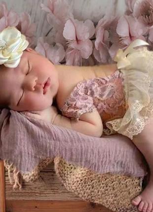 Детское платье боди для младенца новорожденного с рождения на 1 месяц 2 месяца розовое с повязкой на головку для фотосессии