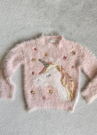 Розовый пудровый пушистый свитер травка с пайетками с единорогом3 фото