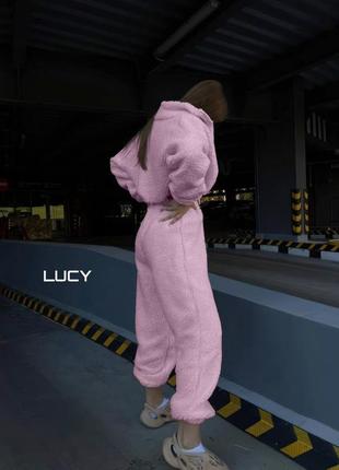 Пижама с брюками женская теплая махровая весенняя зимняя на зимнюю весну бежевая коричневая розовая с капюшоном с ушками плюшевая тедди домашний костюм2 фото