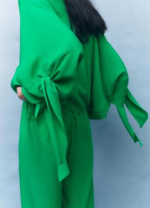 Стильная блуза zara оверсайз с завязками на рукавах s-m  зеленая топ2 фото