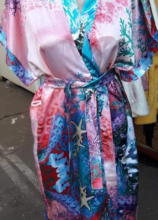 Халат кимоно женский атласный тонкий, морской мир, средняя длинна, цветной, тм v.v.