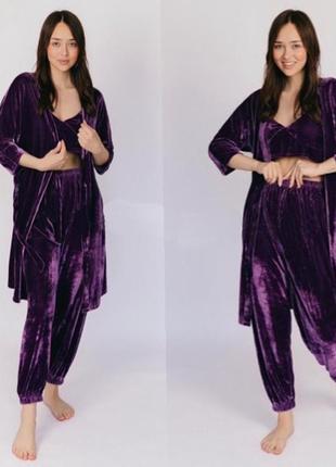Велюровый комплект халат и пижама топ с штанами1 фото