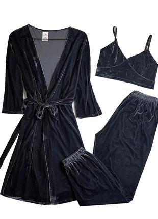 Велюровый комплект халат и пижама топ с штанами2 фото