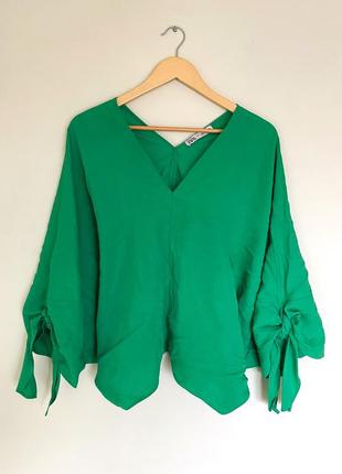 Стильная блуза zara оверсайз с завязками на рукавах s-m  зеленая топ6 фото