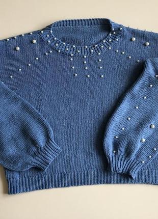 Красивый свитер укороченный с жемчужинами с бусинами с объемными рукавами мирер