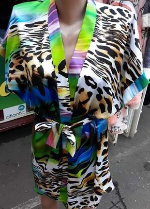 Халат кимоно атласный, короткий на запах, цветной, тигровый принт, тм v.v.1 фото