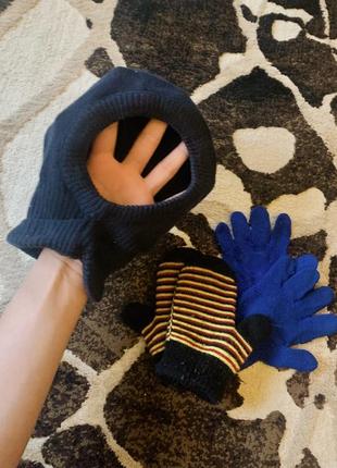 Набор комплект шапка хомут балаклава на мальчика на малышке варежки шерстяные