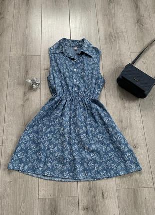 Сукня плаття голубого кольору в білі квіти коттон розмір xs s з воротнічком