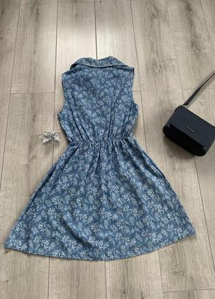 Сукня плаття голубого кольору в білі квіти коттон розмір xs s з воротнічком5 фото