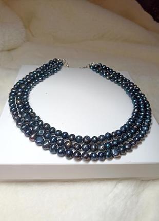 Ожерелье колье три ряда черный жемчуг натуральные