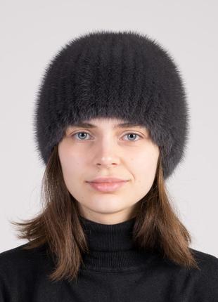 Жіноча зимова в'язана хутряна шапка норкова1 фото