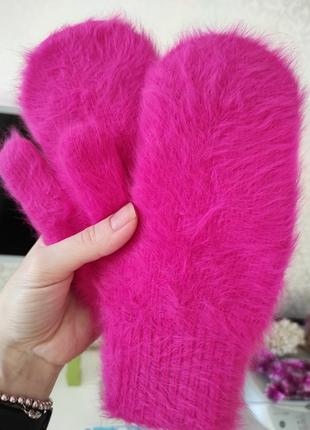 Рукавицы, перчатки, варежки, теплые,двойные, ангора, зима, пушистые, розовые, белые
