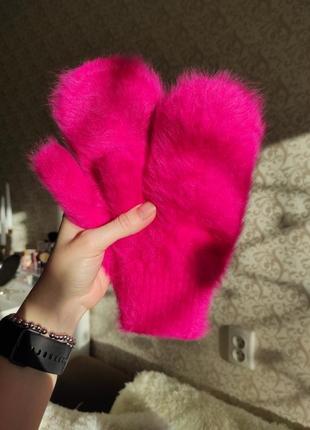 Рукавицы, перчатки, варежки, теплые,двойные, ангора, зима, пушистые, розовые, белые