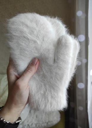 Рукавицы, перчатки, варежки, теплые,двойные, ангора, зима, пушистые, розовые, белые