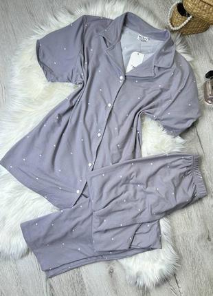 Вискозная серая пижама/домашний костюм рубашка и брюки s-2xl