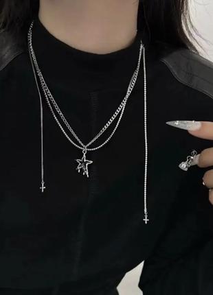 Ожерелье многослойное с подвесками звезда и кресты готика y2k